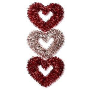 Festive Heart-Shaped Tinsel Wreath Set - Red and Silver
